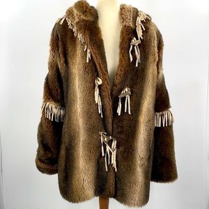 OLEG CASSINI FAUX FUR HOODED JACKET FRINGE SZ S
